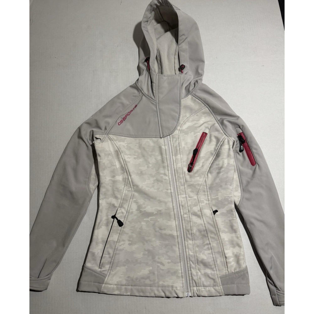 CB‎ Sports, White Hooded Camo Zip Up Jacket, Pink Accents, Women's Small #988